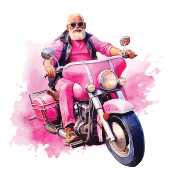 Old man riding a motorcycle watercolor painting ilustration