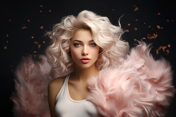 Haarmodel präsentiert die Haarfarbe Super Blond mit rosa Federboa vor dunklem Hintergrund. - 632969566