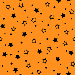 Vector Halloween Stars Seamless Pattern. Abstract black and orange background with starry repeat texture. Simple autumn print for wallpaper, wrapping, digital paper, greeting, decoration