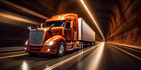 An orange semi truck driving through a tunnel. Generative AI. - Powered by Adobe