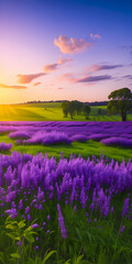 sunrise with a meadow of vibrant purple Phacelia flowers in full bloom
