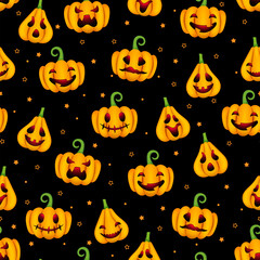 Cute Halloween pumpkins seamless pattern. Vector Happy Halloween print with smiling spooky carving faces pumpkins on black background. For wrapping, fabric, autumn holiday decoration, textile