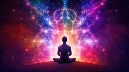 Fototapeta na wymiar Meditating human silhouette in yoga lotus pose. Galaxy universe background. Colorful chakras and aura glow. Power of Mind. Psychic. Meditation and Spirituality Universe. Generative Ai