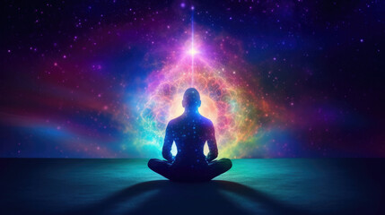 Meditating human silhouette in yoga lotus pose. Galaxy universe background. Colorful chakras and aura glow. Power of Mind. Psychic. Meditation and Spirituality Universe. Generative Ai