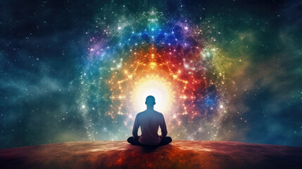 Obraz na płótnie Canvas Meditating human silhouette in yoga lotus pose. Galaxy universe background. Colorful chakras and aura glow. Power of Mind. Psychic. Meditation and Spirituality Universe. Generative Ai