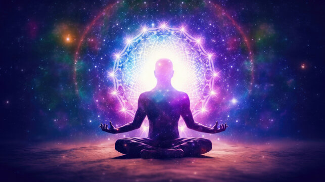 Meditating human silhouette in yoga lotus pose. Galaxy universe background. Colorful chakras and aura glow. Power of Mind. Psychic. Meditation and Spirituality Universe. Generative Ai