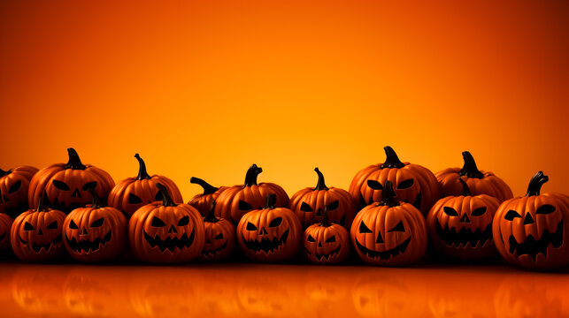 Spooky Jack O Lantern pumpkins on an orange background. Halloween theme banner or card.
