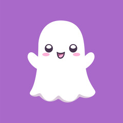 Cute funny happy ghost cartoon vector illustration. Childish spooky boo halloween characters for kids.