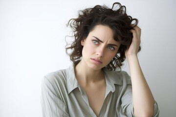 Fototapeta premium Medium shot portrait photography of a woman in her 30s with a pained and tired expression due to fibromyalgia wearing a simple tunic against a white background 