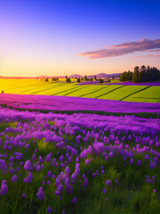 Fototapeta premium sunrise with a meadow of vibrant purple Phacelia flowers in full bloom 