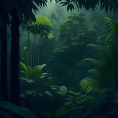 A lush, vibrant deep green tropical jungle, with a thick canopy of trees and a sense of exploration
