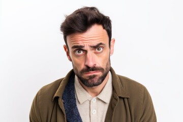 Medium shot portrait photography of a man in his 30s with a pained and tired expression due to fibromyalgia wearing a chic cardigan against a white background 