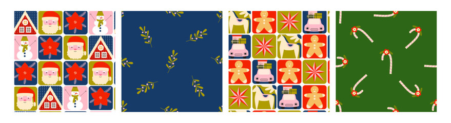 Set of modern retro vintage Christmas patterns. Geometric style. Santa, snowman. Festive fancy xmas seamless background. New year. Winter holidays. Scandinavian. Wallpaper, digital paper, banner.