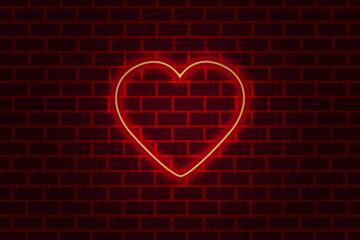 Red neon heart on the dark brick wall. Vector design. 