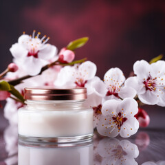Moisturizing cream and almond blooms front view close up