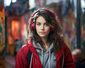 Fototapeta premium Beautiful young woman in red headphones listening to music in the city. Generative AI.