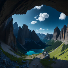 panorama of the majestic dolomites, seen from a cave.
