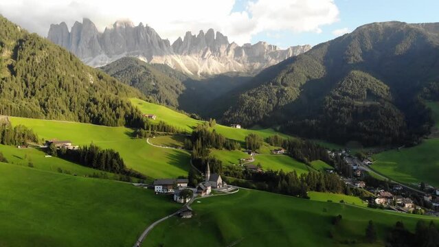 Santa Magdalena village, idyllic Dolomites landscape in South Tyrol, Italian Alps 