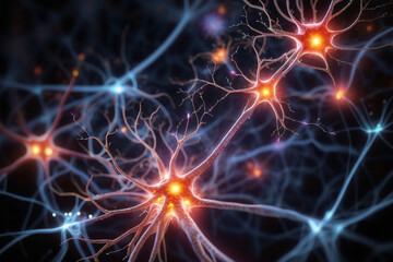 Neurons firing in the brain. Image created using artificial intelligence.