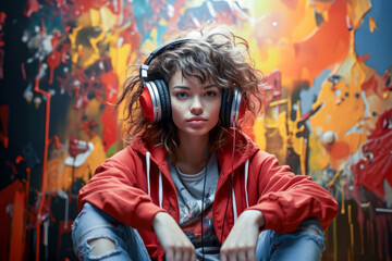 Portrait of a girl in a red jacket with headphones listening to music. Generative AI.