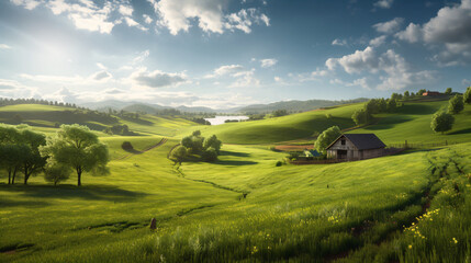 Fototapeta na wymiar Countryside landscape with rolling green hills, fields, trees, a small wooden cabin, a lake in the distance, and a blue sky with white clouds and the sun casting a warm glow over the scene.