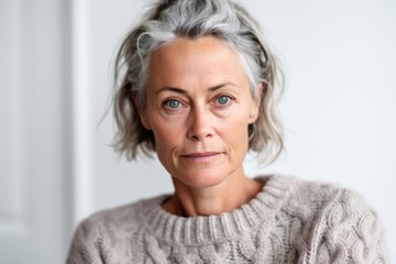 Close-up portrait photography of a woman in her 40s with a hint of fatigue due to chronic kidney disease wearing a cozy sweater against a white background 