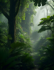 A lush, vibrant deep green tropical jungle, with a thick canopy of trees and a sense of exploration
