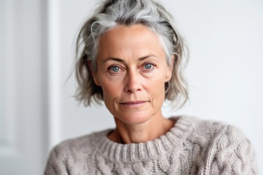 Close-up portrait photography of a woman in her 40s with a hint of fatigue due to chronic kidney disease wearing a cozy sweater against a white background 
