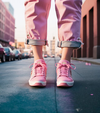 Pink sports shoes. Generative AI.