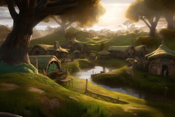 Concept art illustration of hobbit village, Generative AI