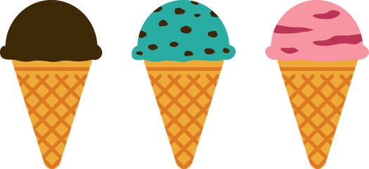 アイスクリーム（チョコ味・チョコミント味・いちご味）のイラスト・アイコン（ice cream）
