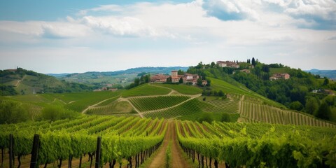 Obraz premium Panorama of vineyard in Piedmont region of Italy, Generative AI