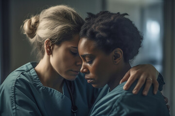 A white female nurse offering compassion to an Afro American nurse