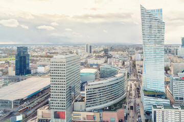 Fototapeta na wymiar Skyline of the city center with modern business glass towers and hotels, Warsaw, Poland