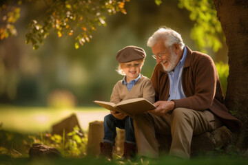 grandfather and grandson teaching and reading a book under a tree