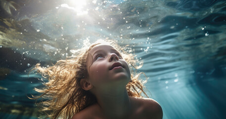 girl swimming underwater looking up at the surface
