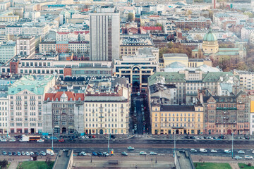 Elevated view of the cityscape of Warsaw  city center with modern buildings and block houses, Warsaw, Poland