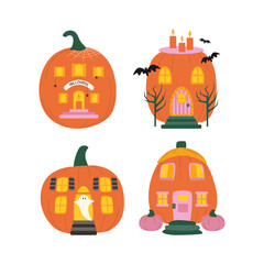Set of Halloween pumpkins, autumn holiday. Pumpkin house with cut out windows.