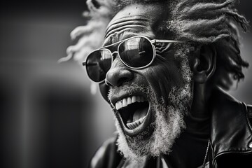 Black and white photo of reggae singer