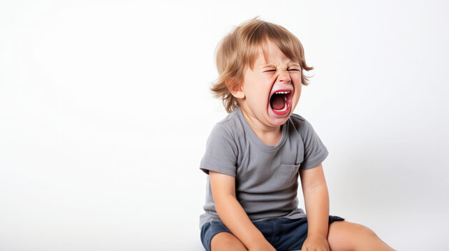 Cute nice little baby boy, crying baby upset, Screaming baby, on white background, Generative AI