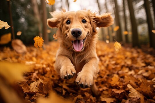  Happy Golden Retriever dog runs through autumn leaves in the park