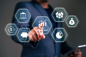 Asset management concept, Man using laptop with word asset management and Icon  on virtual display. Financial Property Digital assets.
