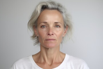 Medium shot portrait photography of a woman in her 40s showing tiredness and a worn-down expression due to chronic fatigue syndrome wearing a casual t-shirt against a white background  - obrazy, fototapety, plakaty