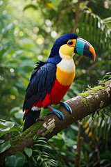 Fototapeta premium Beautiful colorful toucan bird on a branch in a rainforest