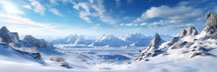 vast desolated snow land, big mountains in the background, snowfall with light blue sky and light blue colors, peaceful atmosphere,  