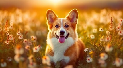 Charming corgi dog with flowers in the spring. 