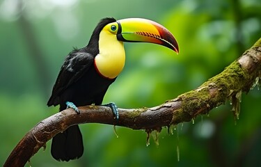 Fototapeta premium Chesnut mandibled Toucan sitting on the branch in tropical rain with a green jungle. 