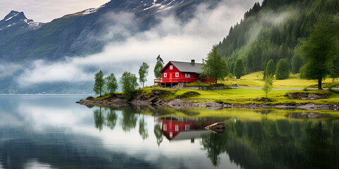Typical countryside Norwegian landscape with red painted wall house. Picturesque summer morning in Norway, Europe. Beauty of nature concept background