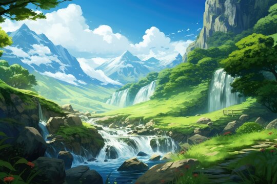Anime landscape picture with trees, waterfalls and green hills in summer