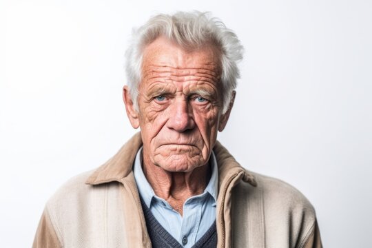 Medium shot portrait photography of a man in his 70s showing tiredness and a worn-down expression due to chronic fatigue syndrome wearing a chic cardigan against a white background 